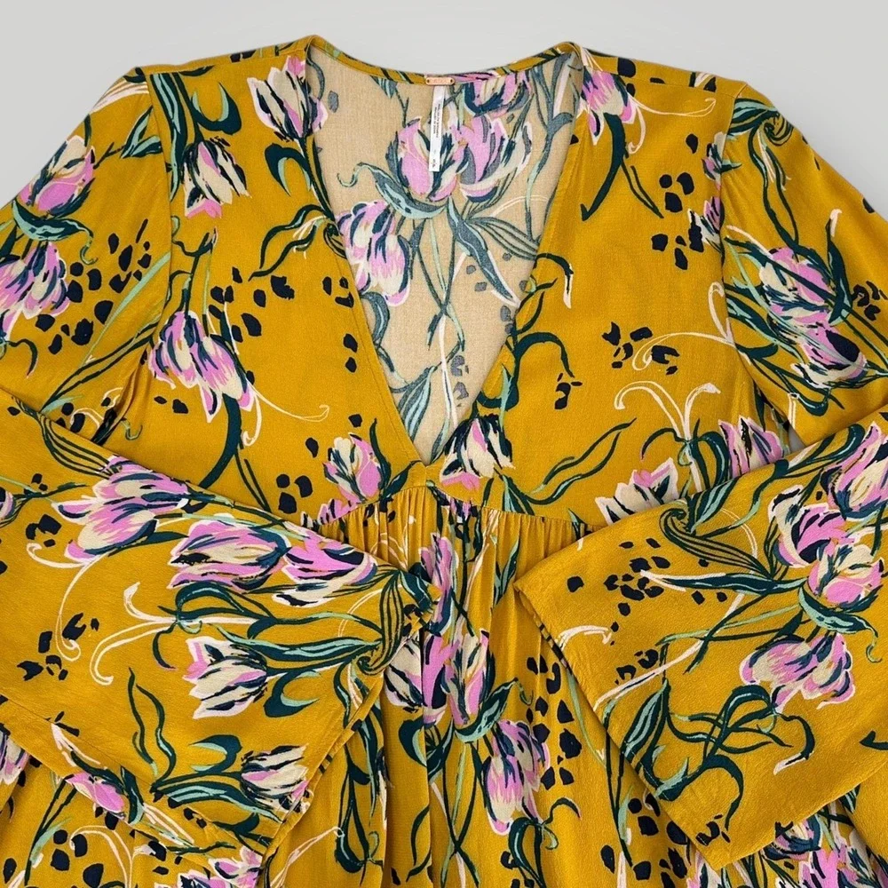 Free People Tunic Top Womens S Oversized Floral Boho Long Sleeve Flowy Rayon‎